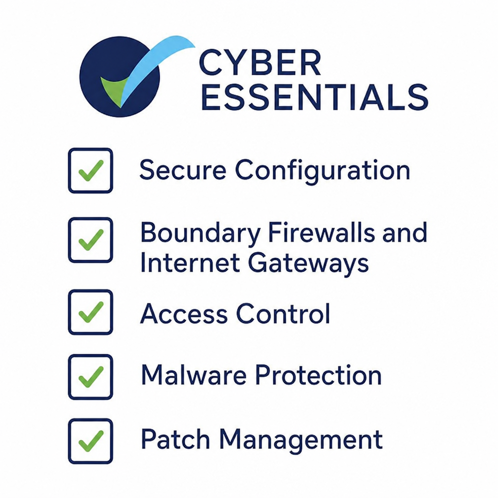 Cyber Essentials checklist: secure configuration, firewalls and internet gateways, access control, malware protection and patch management.