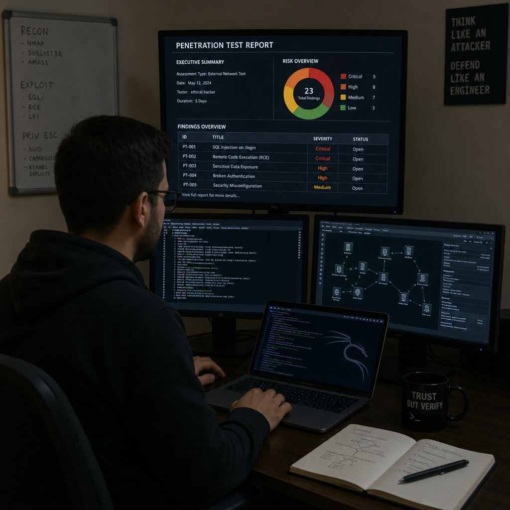 ethical hacker reviewing penetration testing findings on multiple screens