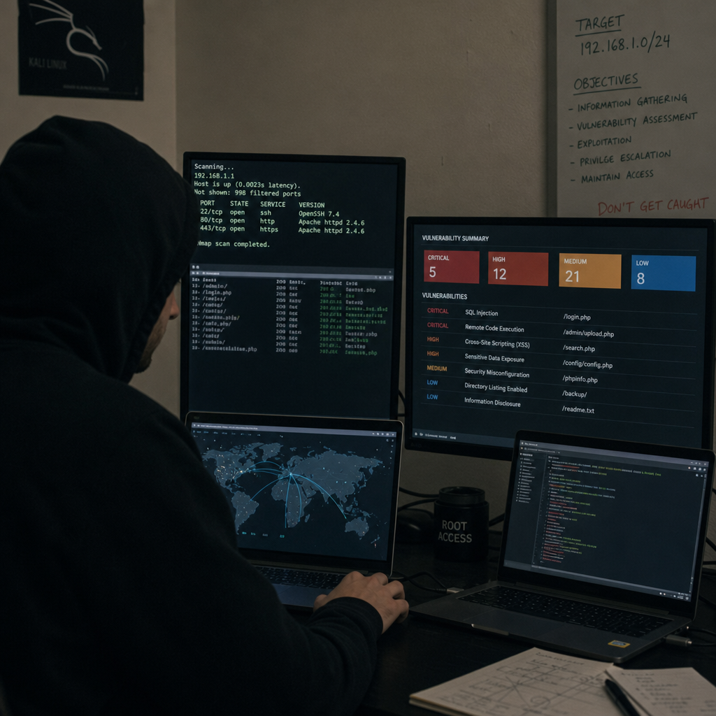 ethical hacker reviewing network security findings on multiple screens